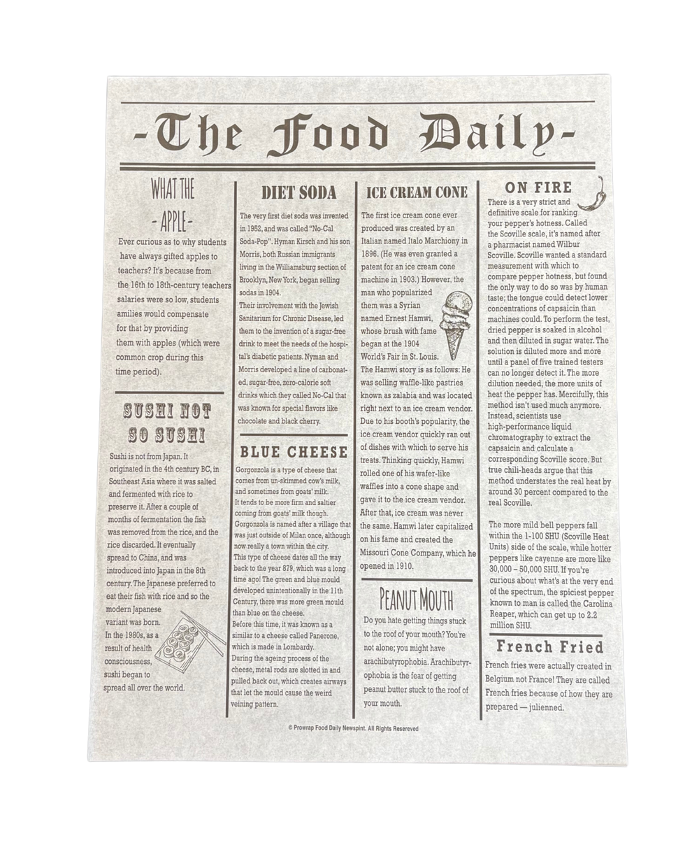 A vintage-style newspaper page titled "The Food Daily" printed in black text on aged off-white paper, shown against a plain white background.