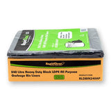 Packaging of RapidClean 240 litre heavy-duty black LDPE all-purpose garbage bin liners on a white background.