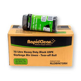RapidClear garbage bin liner packaging with a roll of liners on top