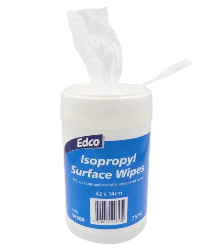Edco Isopropyl Surface Wipes in a white plastic canister with a blue label, showing a translucent wipe pulled from the top and a small plastic spoon beside it on a white background.