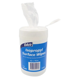 Edco Isopropyl Surface Wipes in a white plastic canister with a blue label, showing a translucent wipe pulled from the top and a small plastic spoon beside it on a white background.