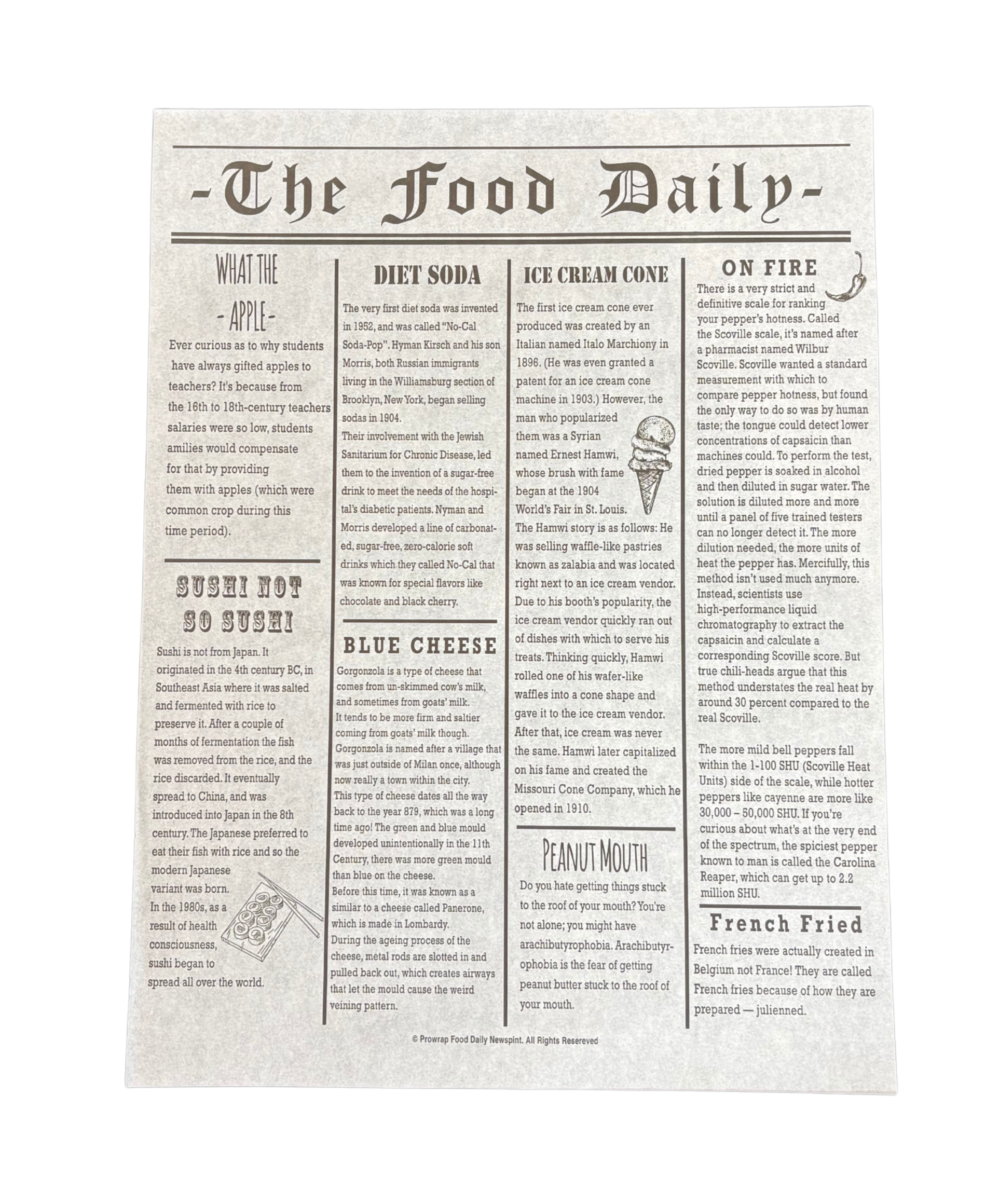 A vintage-style newspaper page titled "The Food Daily" printed in black text on aged off-white paper, shown against a plain white background.