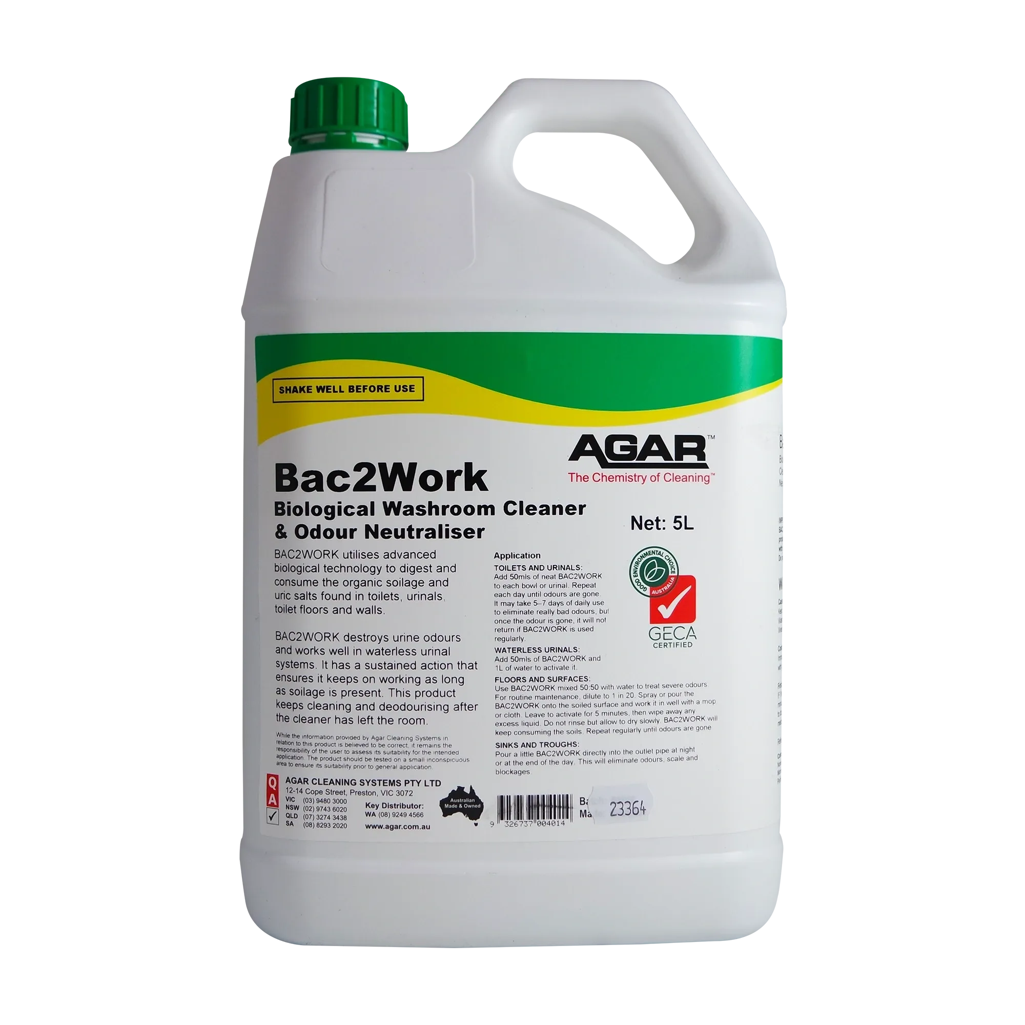 Agar Bac2Work Biological Washroom Cleaner and Odour Neutraliser GECA Approved