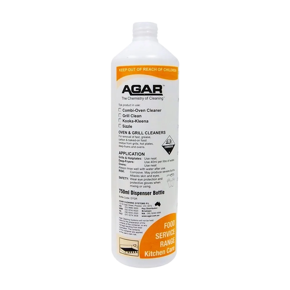 Agar 750ml Empty Squirt Bottle. Combie-Oven Cleaner, Grill Clean, Kooka-Kleena, Sizzle