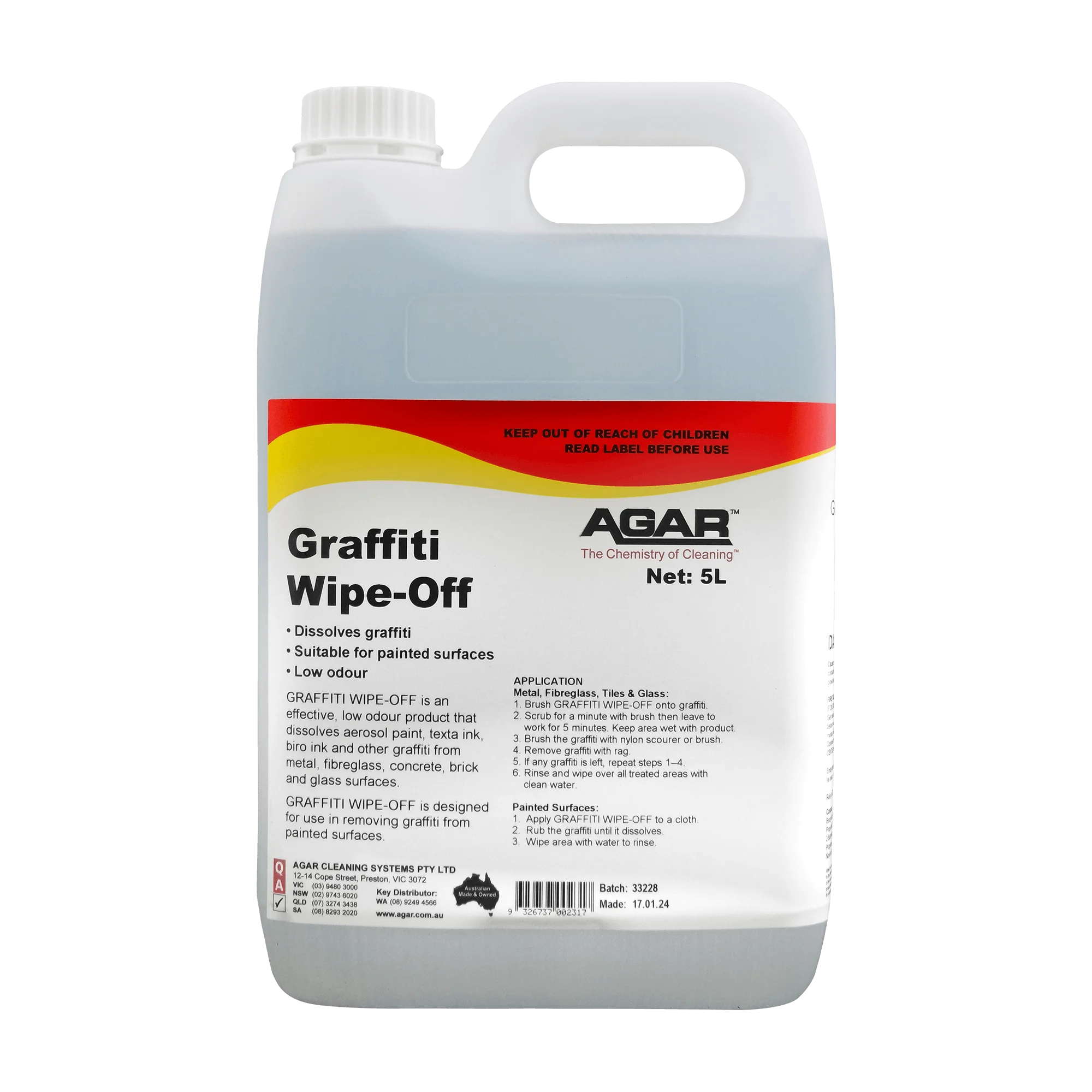 A 5L plastic jug of AGAR Graffiti Wipe-Off cleaner with a white cap and a white label featuring red and yellow graphics.