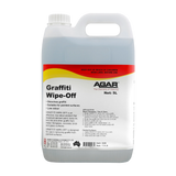 A 5L plastic jug of AGAR Graffiti Wipe-Off cleaner with a white cap and a white label featuring red and yellow graphics.