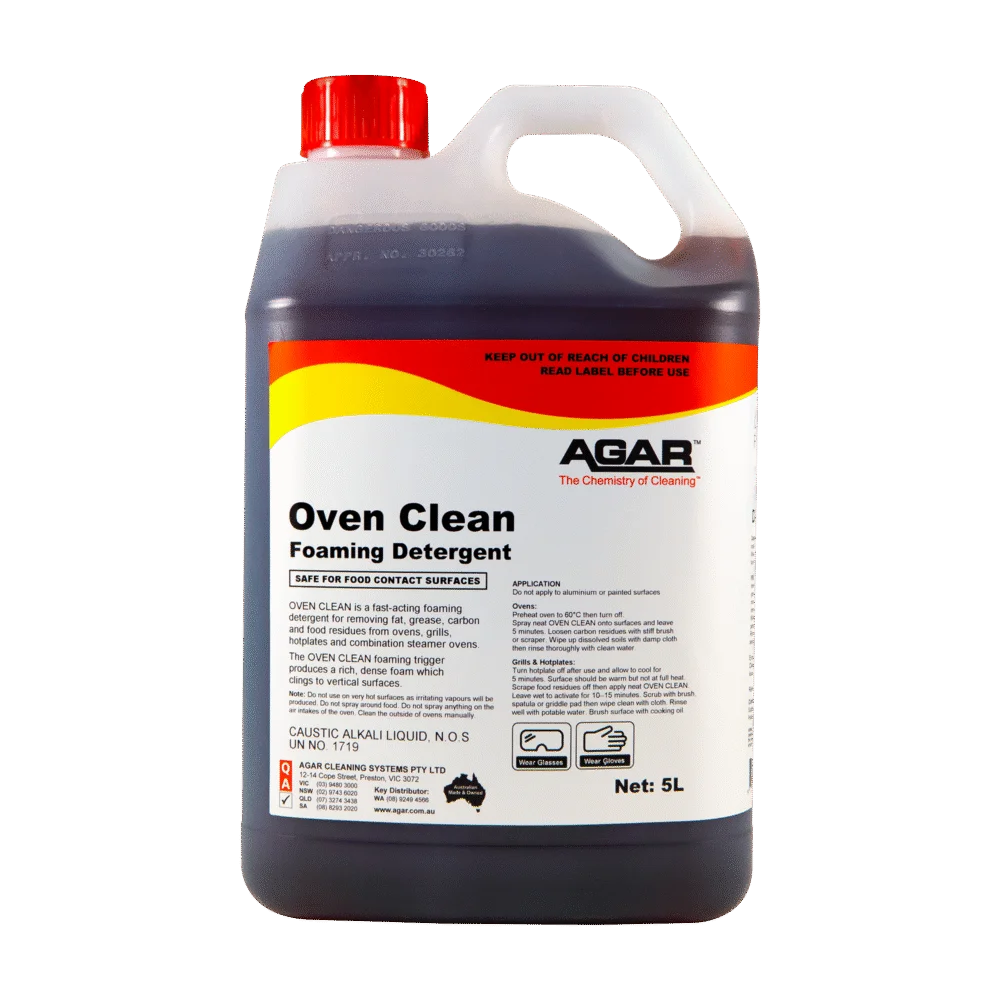 A 5-liter plastic bottle of AGAR Oven Clean Foaming Detergent with a red cap and a white label, shown on a plain white background.