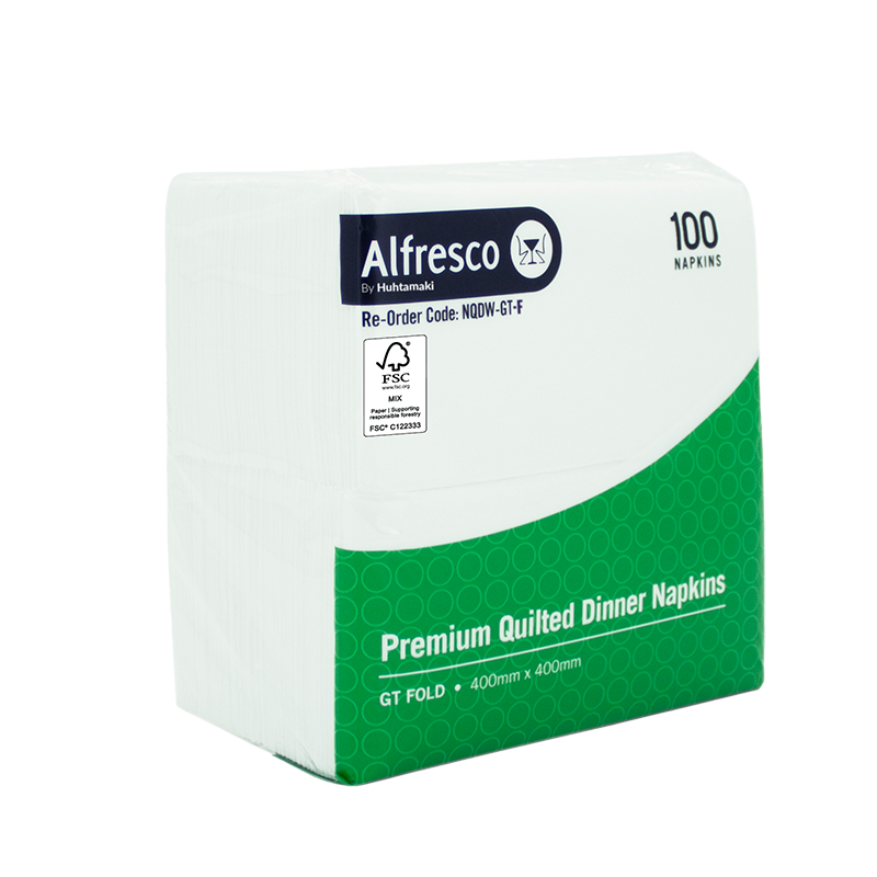 Alfresco FSC White Quilted Dinner Napkin GT Fold 400 x 400mm (carton 10x100Pk)