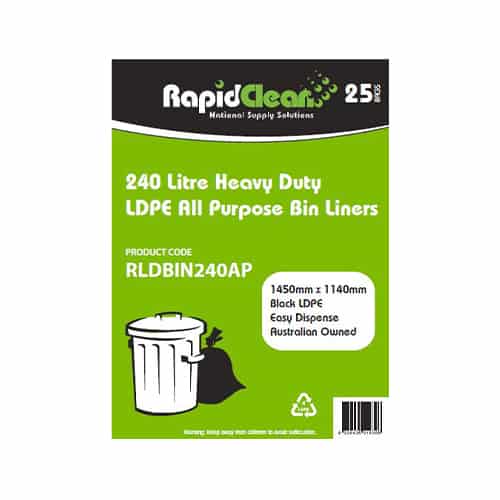 Packaging of RapidClean 240 litre heavy-duty LDPE all-purpose bin liners on a white background.