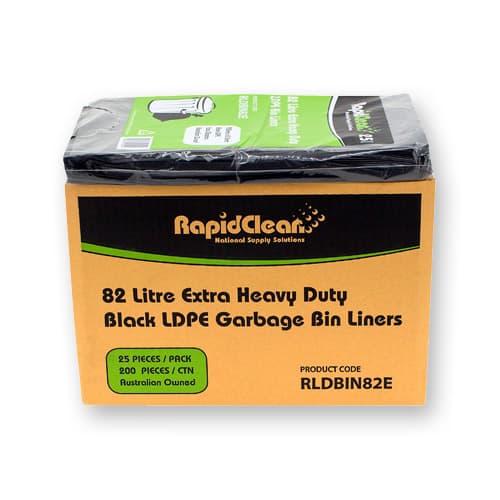 RapidClean 82L EXTRA Heavy Duty LDPE Black Garbage Bin Liner (Carton 250)