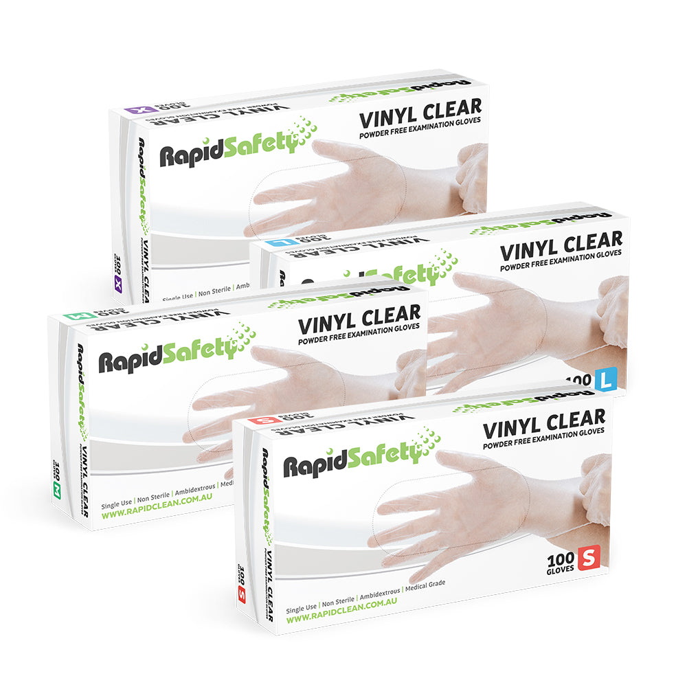 RapidSafety Vinyl Clear Examination Gloves - Various Sizes