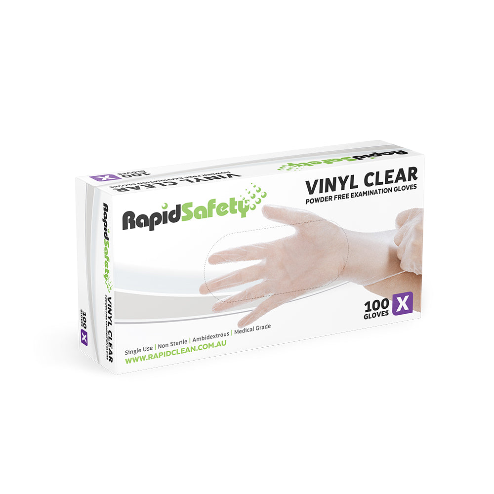 Box of RapidSafety vinyl clear examination gloves on a white background