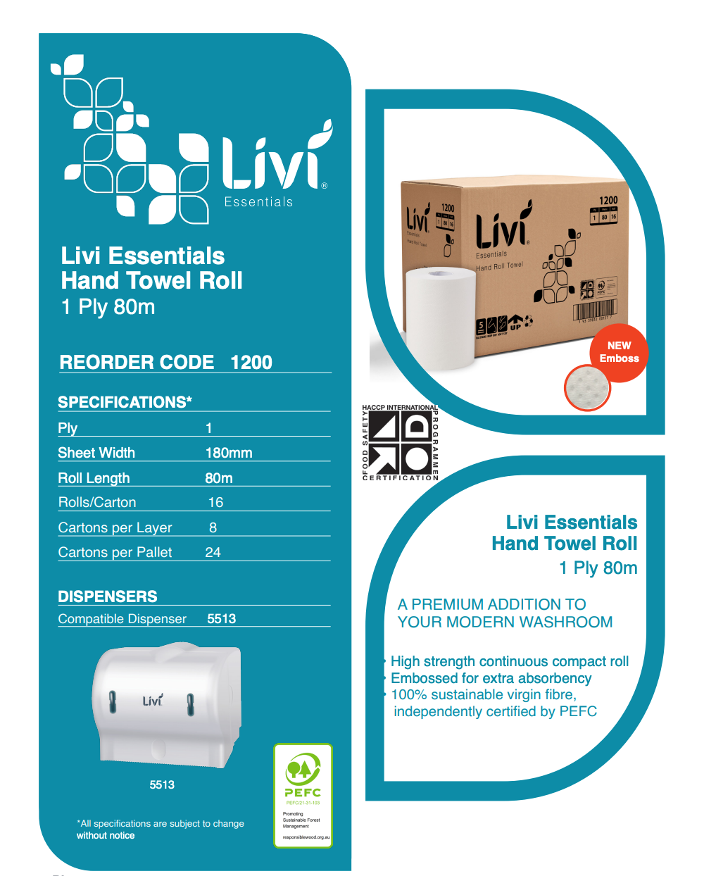 Livi Essentials Hand Towel Roll 1 Ply 80m x 16 1200