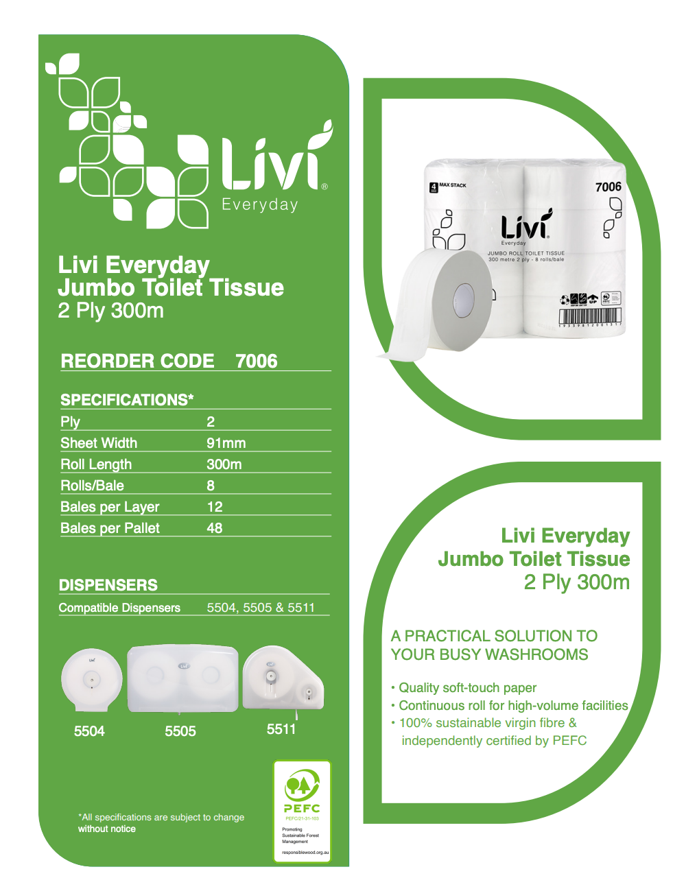 Livi Everyday 7006 Jumbo Toilet Tissue 2 Ply 300m Bale x 8