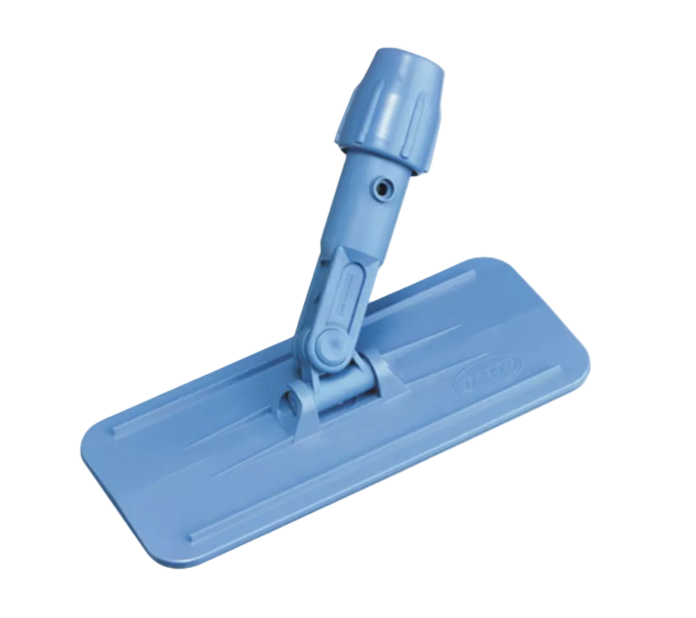 A light blue plastic floor mop head with an adjustable handle and clip, shown on a solid light gray background.