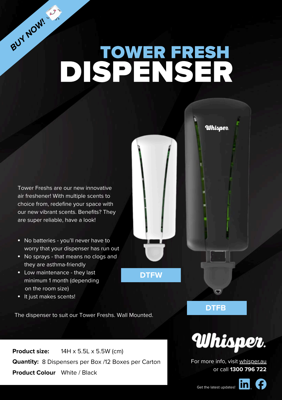 Whisper Tower Fresh Dispenser Black or White 8pk