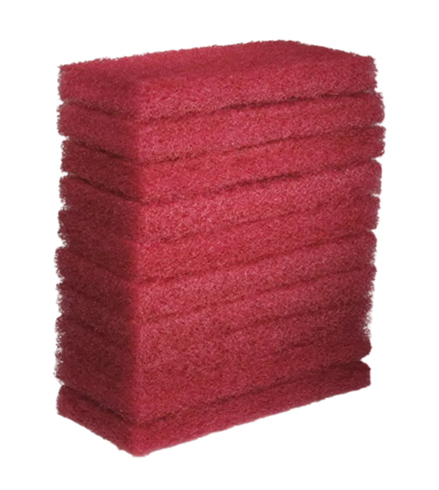 A stack of nine red microfiber cleaning cloths or washcloths, shown against a plain light gray background.