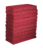 A stack of nine red microfiber cleaning cloths or washcloths, shown against a plain light gray background.