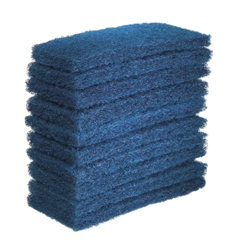 A stack of nine blue scouring pads with a textured, fibrous sponge-like surface, shown on a light gray background.