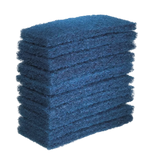 A stack of nine blue scouring pads with a textured, fibrous sponge-like surface, shown on a light gray background.