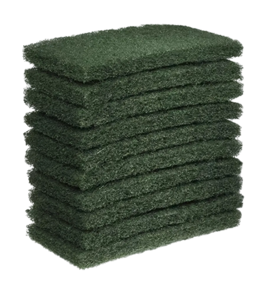 A stack of ten dark green scouring pads with a textured, abrasive surface, shown on a light gray background.
