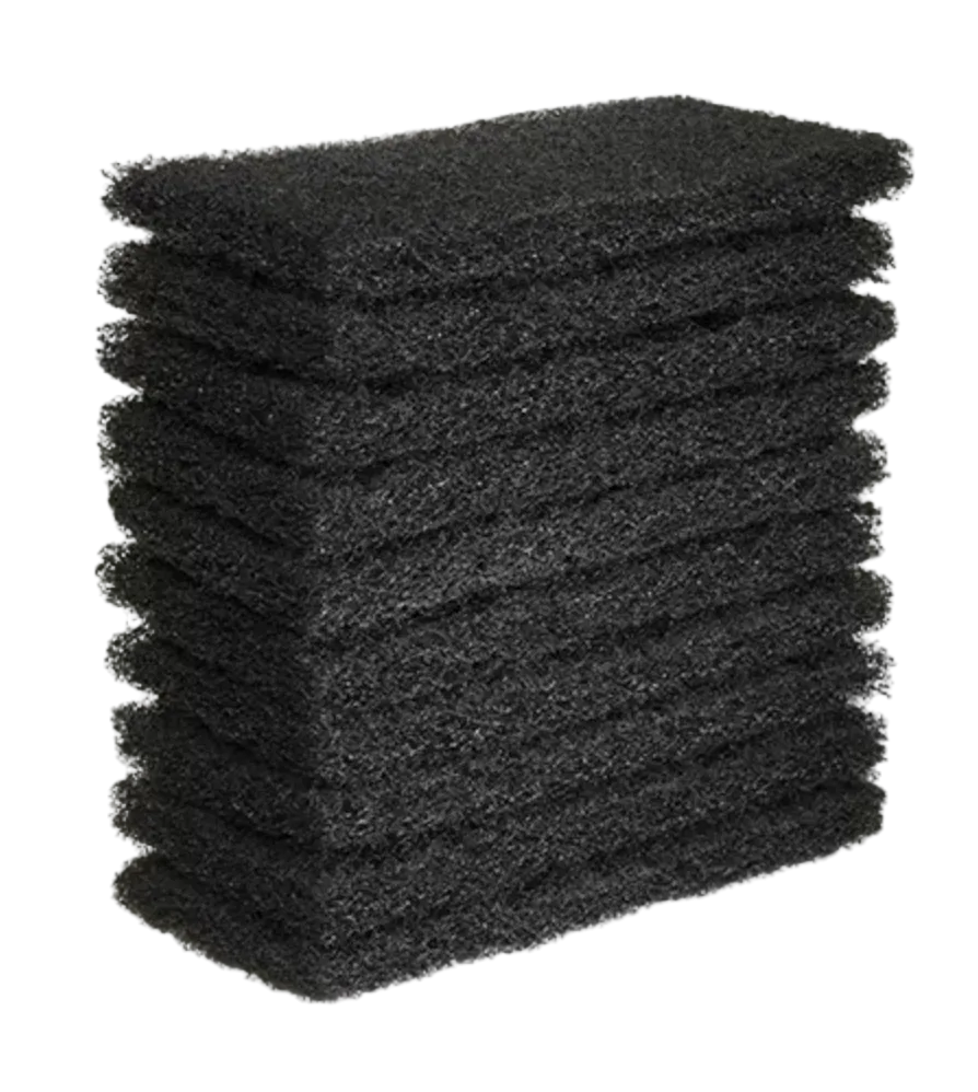 A stack of ten black textured cleaning or scrubbing pads, shown on a plain light gray background.