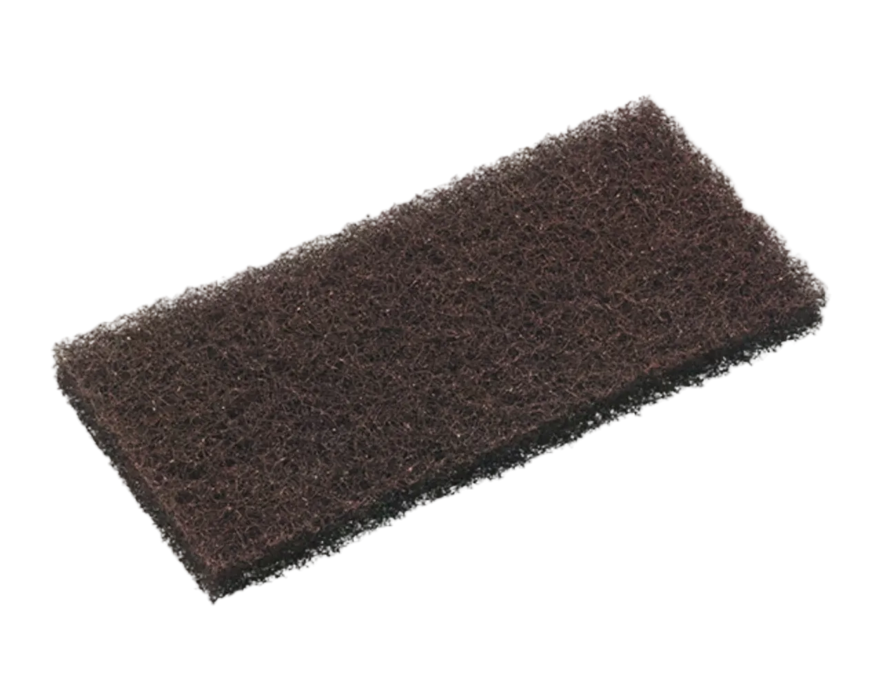 A rectangular dark brown coir scrubber sponge with a coarse, fibrous texture, shown at an angle on a light gray background.