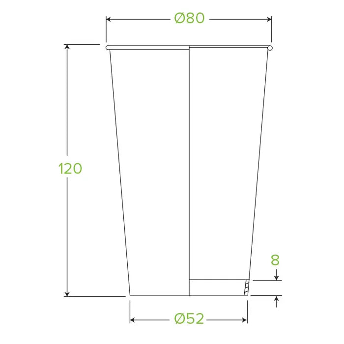 Technical line drawing of a tapered cup or tumbler with dimension annotations showing a height of 120, top diameter of 80, base diameter of 52, and a small thickness dimension of 8 on a white background.