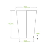 Technical dimension diagram of a cup or tumbler outline with measurements labeled 95mm height, Ø80mm top diameter, Ø52mm base diameter, and a 5mm wall thickness on a white background.