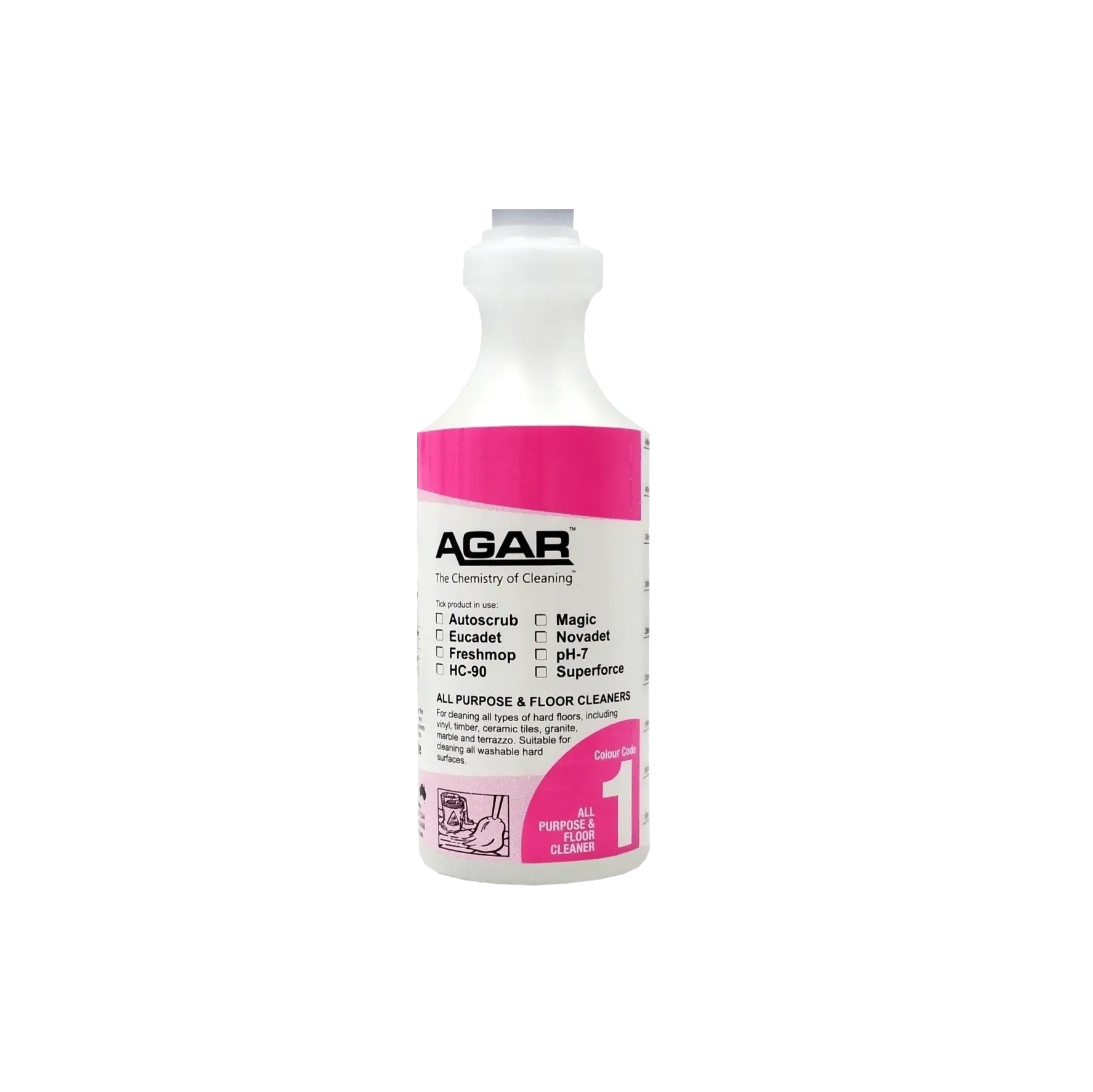 Agar #1 500ml Empty Spray Bottle. Autoscrub, Eucadet, Fresh Mop, HC-90, Magic, Novadet, pH-7, Superforce