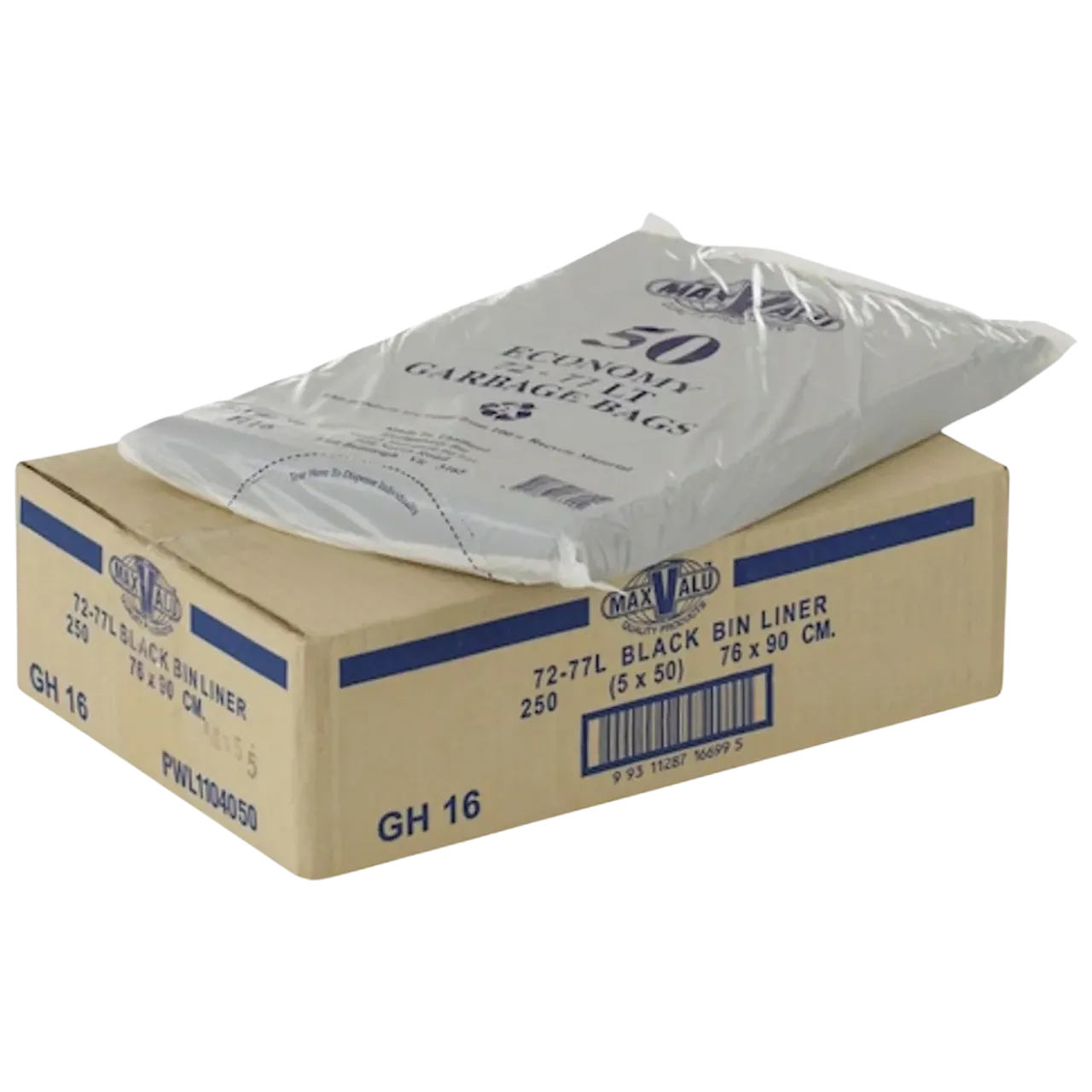 72-77L BLACK Bin Liners 90x76cm 250pk MaxValu Bin Bags
