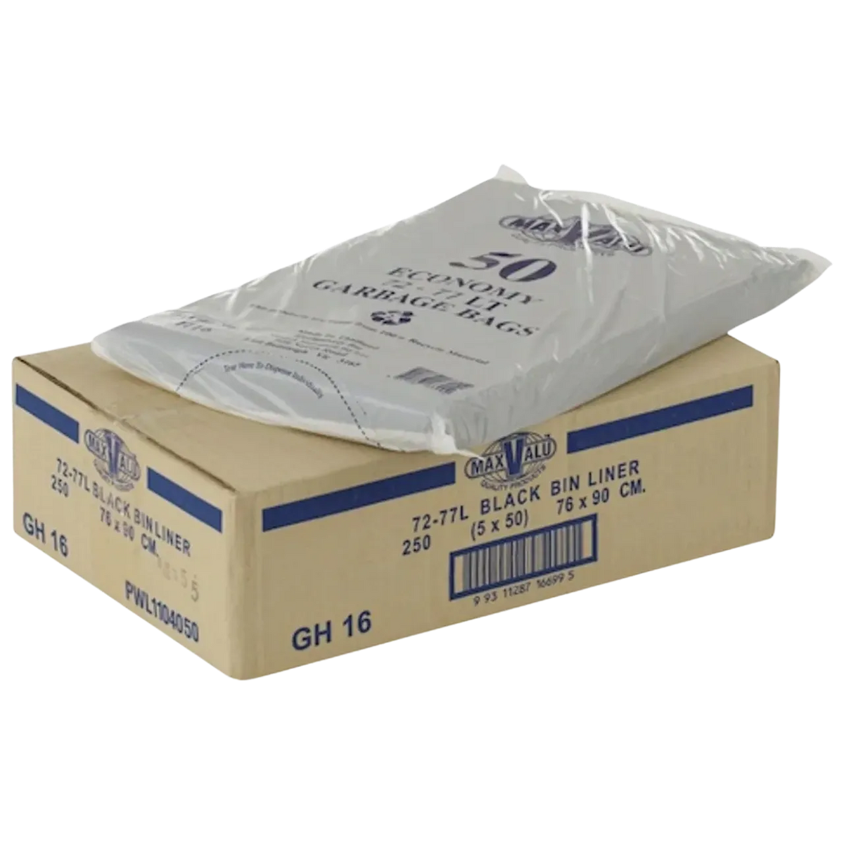 72-77L BLACK Bin Liners 90x76cm 250pk MaxValu Bin Bags