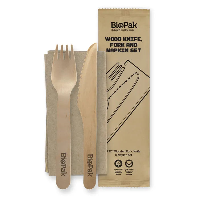 Biopak 16cm Uncoated Wood Knife, Fork & Napkin Set (Carton 400)